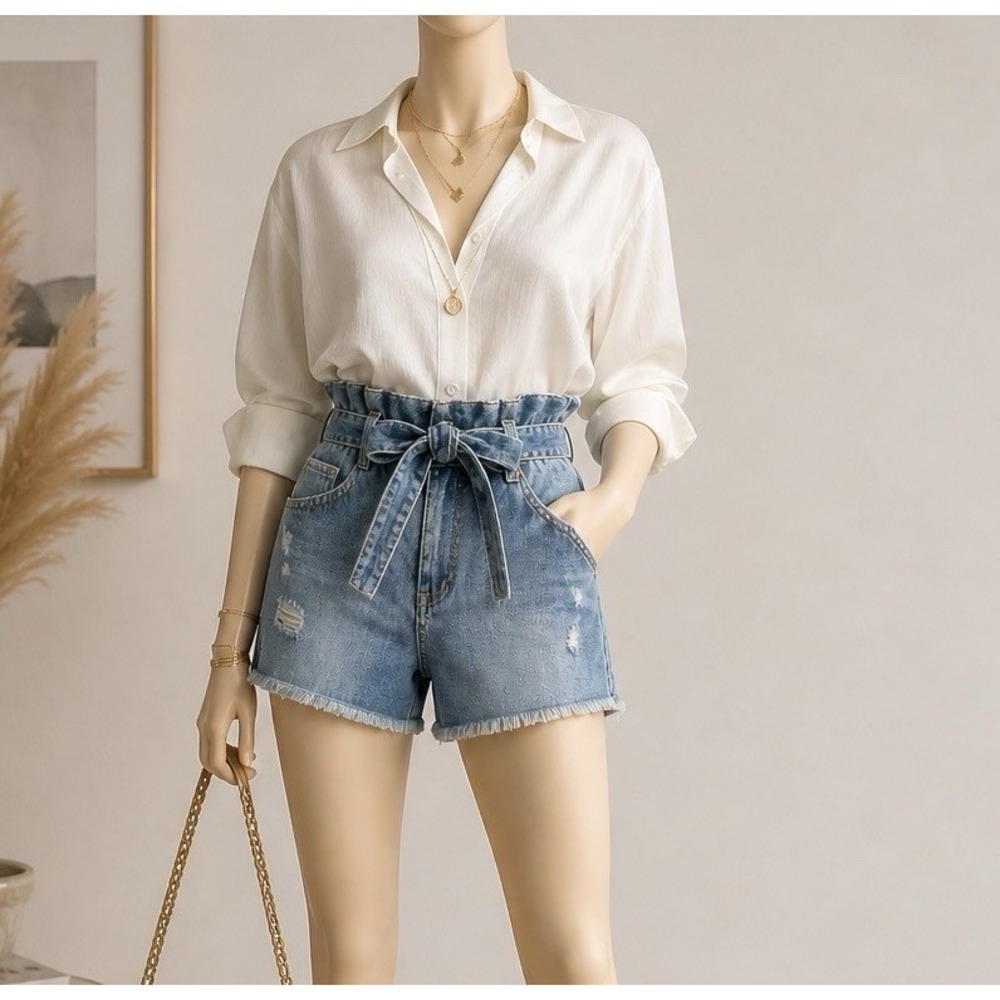 Alice + Olivia Paperbag Denim Shorts High‎ Waist Belted Distressed Sz 32 NWT